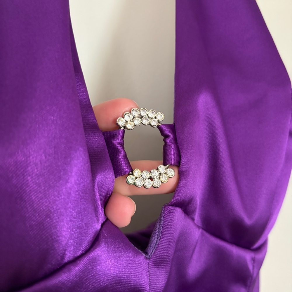 Vintage 90s Purple Ruched Halter Mini Dress Rhinestone Glam Prom Party - Picture 11 of 11
